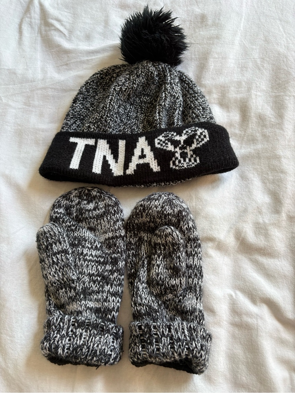 TNA Black & Gray Pom Beanie and Mittens Set